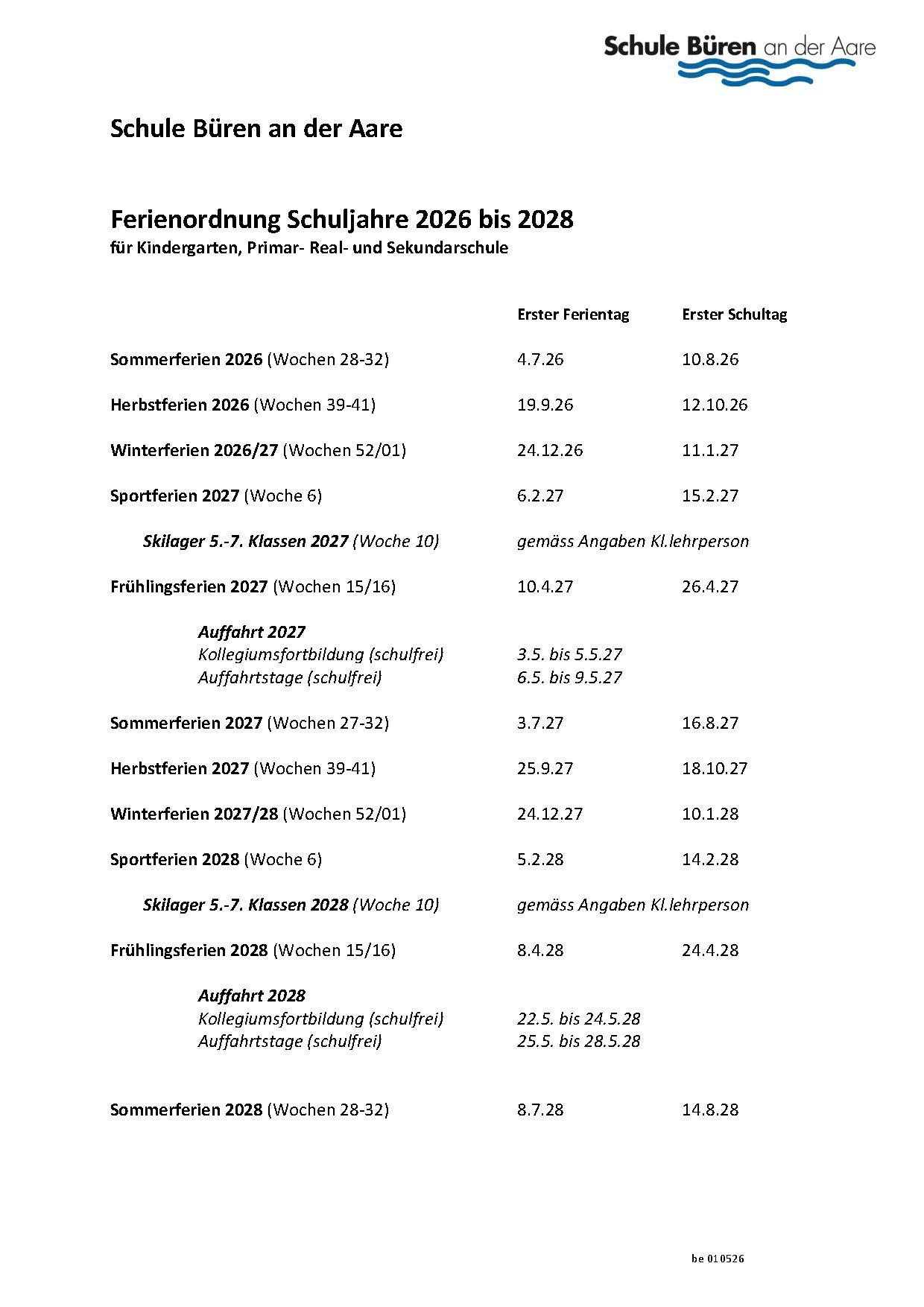 Ferienordnung-Büren a. Aare 2026 - 2028 Ferienordnung-Büren a. Aare 2026 - 2028