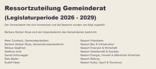 Ressortzuteilung Gemeinderat (Legislatur 2026 - 2026)